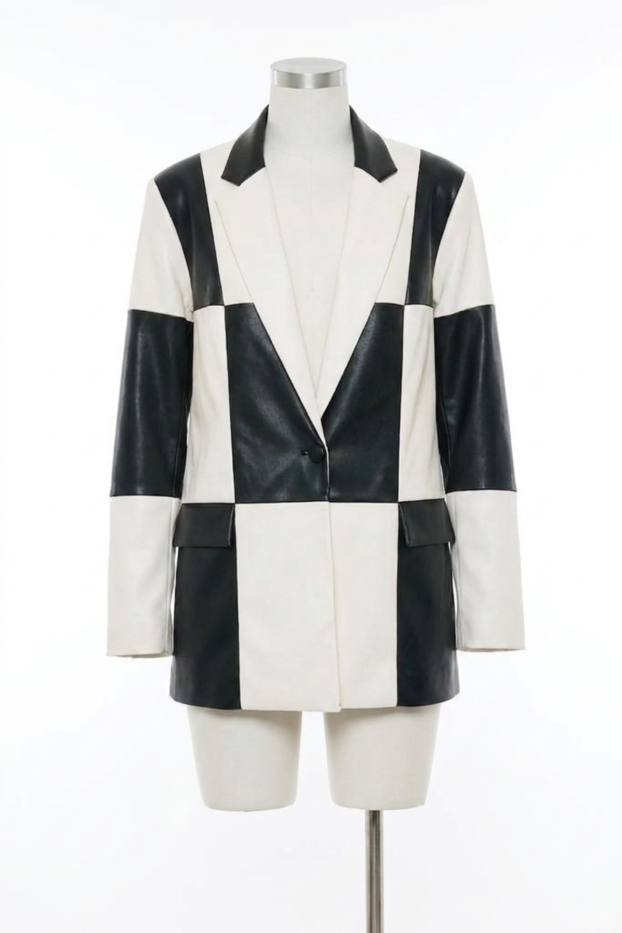 NEW JOSEPH RIBKOFF finn faux leather patchwork jacket in black and white